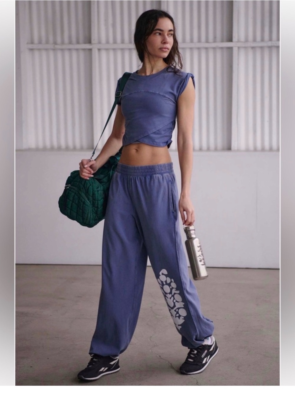 Free People Slate Blue Relaxed Joggers with White Graphic